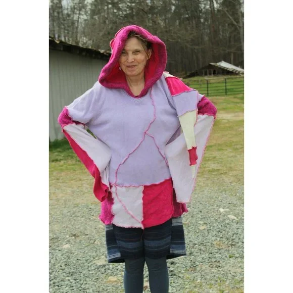 Upcycled Sweater Pink Red LL Bean Heavy XL/XXL 23" Bust Hooded Elven Fairy Boho - Picture 8 of 12